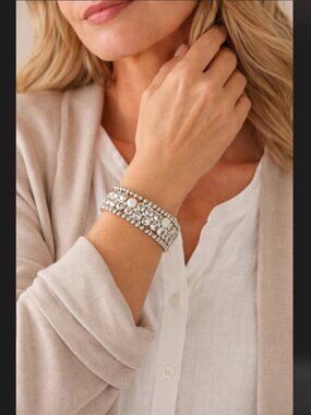 J Jill Silver Beaded Bracelet Stretch Pearl Accent Wide Boho Artisan Costal NWT